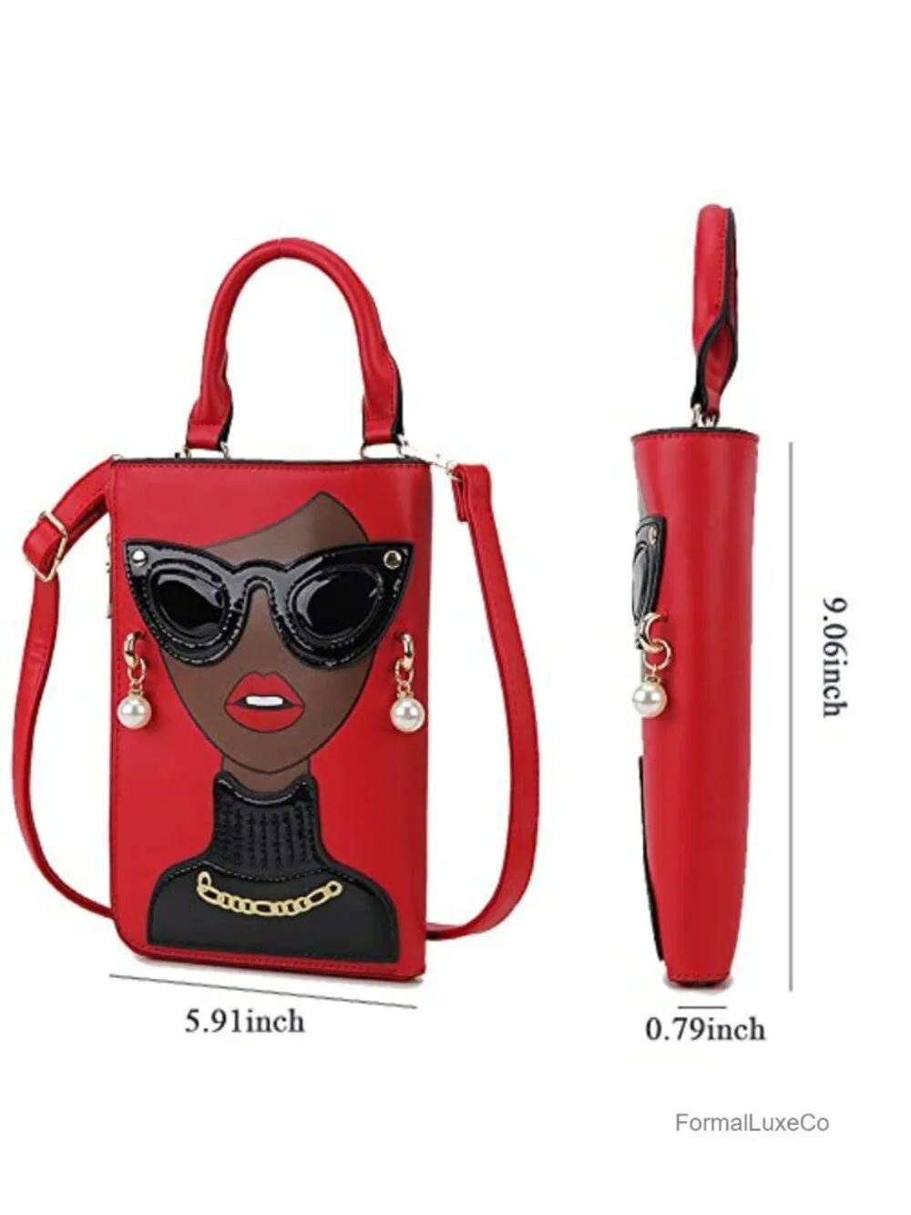 Novelty Lady Face Satchel Handbag Faux Leather Top Handle Purse with Chain